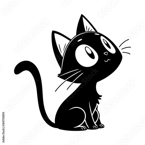 Flat black cat silhouette kawaii cute eyes simple vector illustration