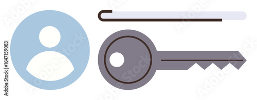 User profile icon, password entry field, and security key represent login, access control, data protection, authorization, and identity verification. Ideal for technology, privacy and cybersecurity