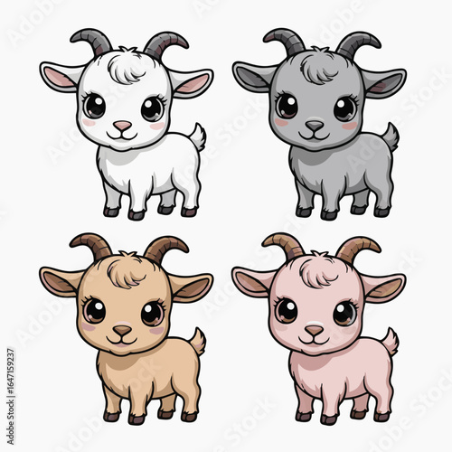 Four cartoon goats in different colors standing on a white background illustration style art