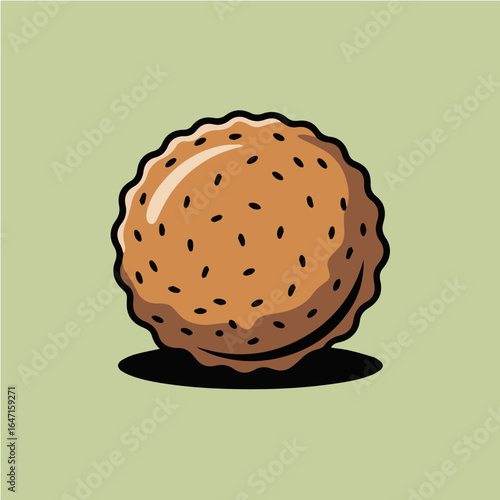A cartoon illustration of a round sesame ball with a wavy edge and a shadow on a light green background