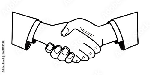 Illustration of two hands in a handshake with sleeves visible against a plain white background art work