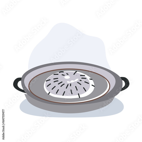 thai barbecue hot pot grill pan illustration showing mookata equipment for cooking meat and vegetables
