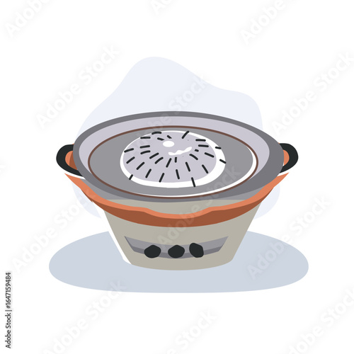 thai bbq mookata grill pan with charcoal stove for tabletop cooking in asian cuisine illustration flat design