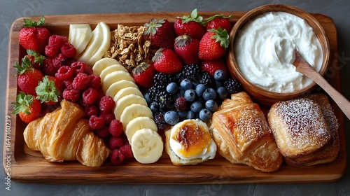 Breakfast charcuterie board with fruits yogurt and pastries
