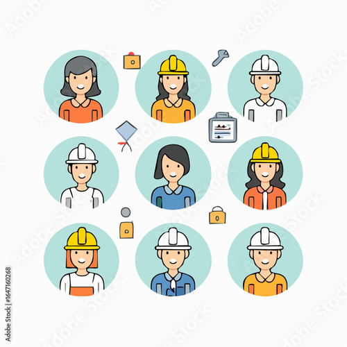 Minimalist vector icon set of creative and tech professions like designer, programmer, artist, photographer, and engineer, in flat line art style.