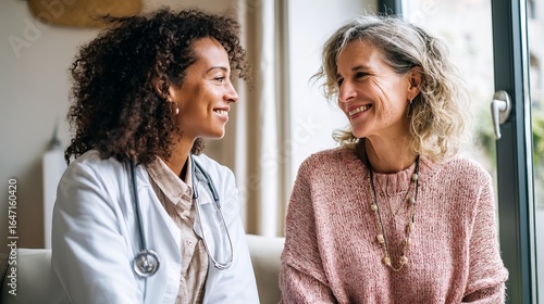 Smiling female doctor and patient share a warm moment in a bright, welcoming office.