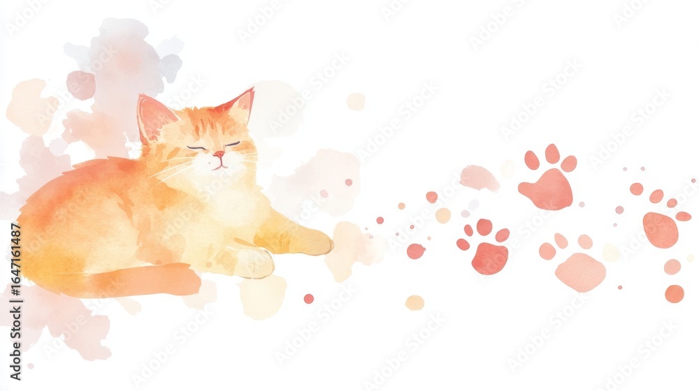 Fototapeta premium Fluffy Cat Delight, a charming watercolor depiction of a happy cat amidst playful paw prints on a pristine white canvas.