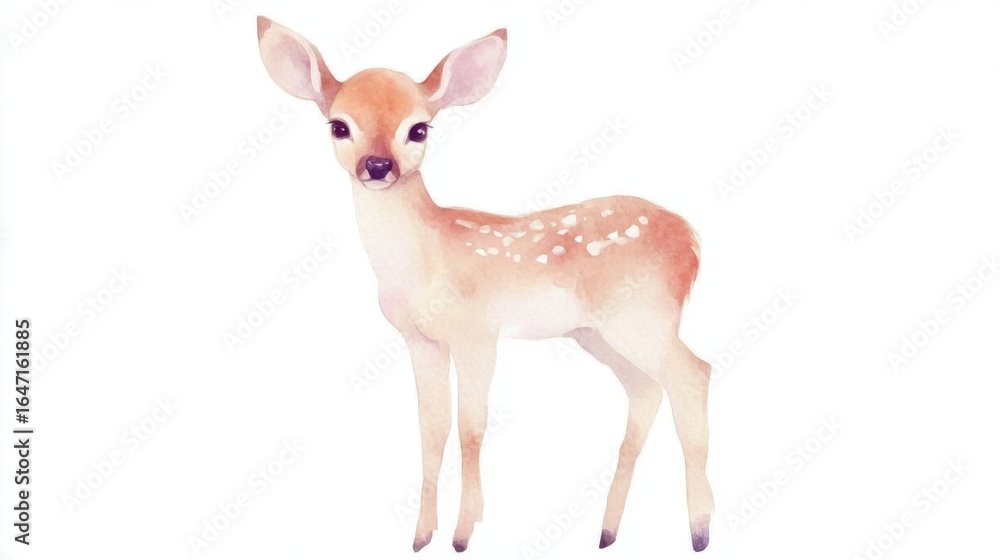 Fototapeta premium Delicate baby deer illustration, graceful stance, soft watercolor style, pure white background, charming and serene composition