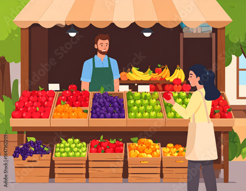 Happy Customer Selecting Fruit at a Lively Stall