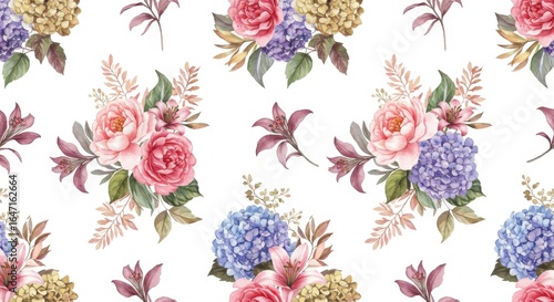 Watercolor Floral Pattern: Roses Hydrangeas Lilies on White.
