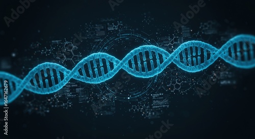 Glowing Blue DNA Strand with Scientific Data Visualization.