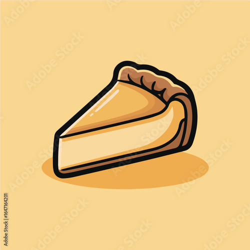 A cartoon illustration of a slice of pie with a golden crust on a yellow background illustration