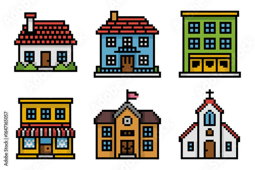 Pixel house and city building icon set, home store office school church, 8 bit vector, retro game town sprites, architecture icon pack