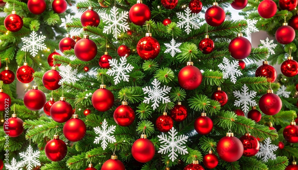 Christmas tree with red ornaments and snowflakes Christmas tree with red ornaments and snowflakes