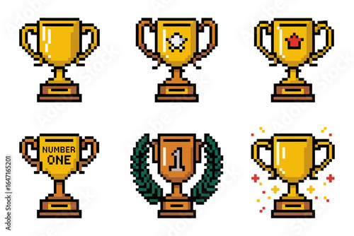 Pixel trophy and award icon set, gold cup medal laurel number one, 8 bit vector, game achievement ui, victory badge collection