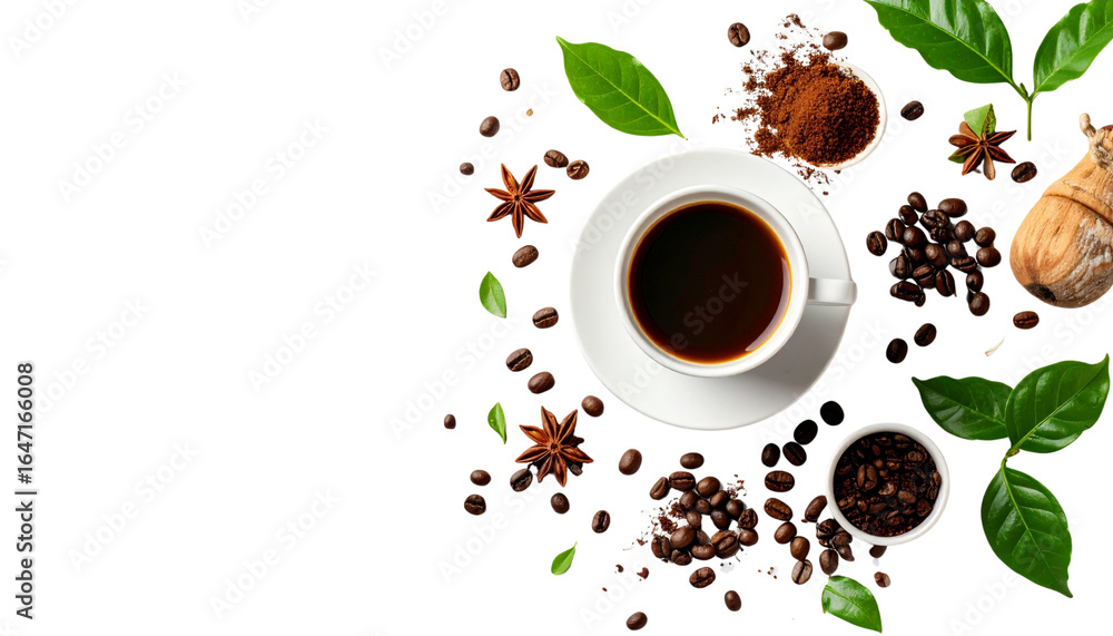 Obraz premium Dark roast espresso in white glass with coffee beans on saucer on white background