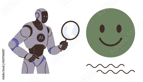 AI robot examines green happy face using magnifying glass, representing emotion analysis and technology. Ideal for tech, AI research, emotion, happiness, data analysis, digital solutions, simple flat