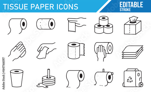 Simple icons for representing tissue paper actions in household or bathroom settings.