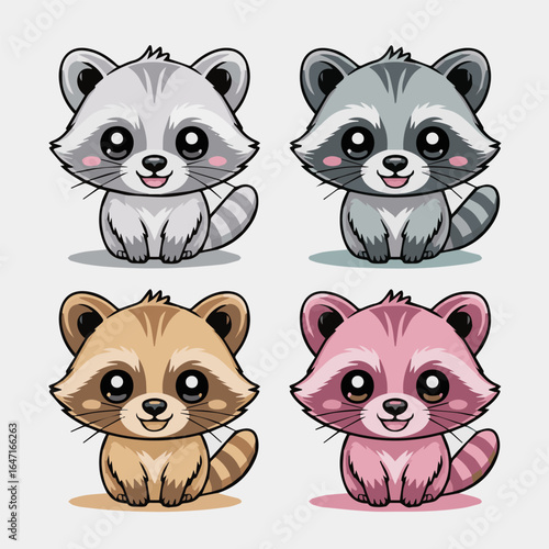 Four cartoon raccoons in different colors sitting in a grid on a white background illustration