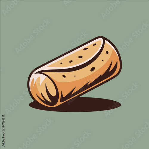 Cartoon illustration of a burrito with visible fillings on a light green background space