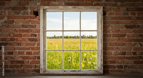 View of a sunny meadow through a rustic wood window