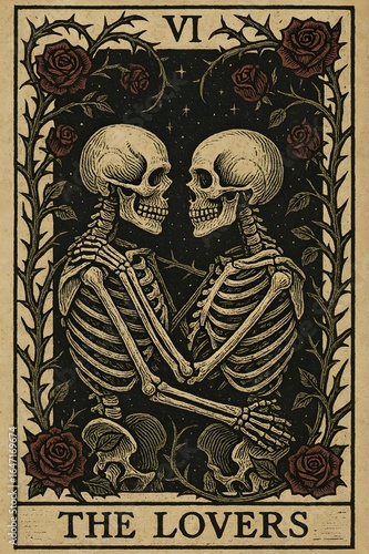 Vintage The Lovers Tarot Card with Embracing Skeletons and Roses