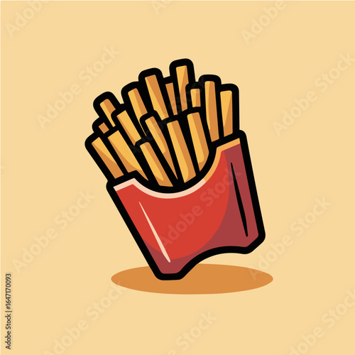 Illustration of a red carton filled with golden french fries on a light orange background with a shadow