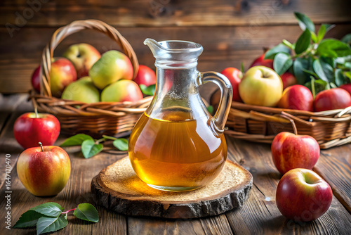 A glass jug of apple cider vinegar with fresh fruit on a table