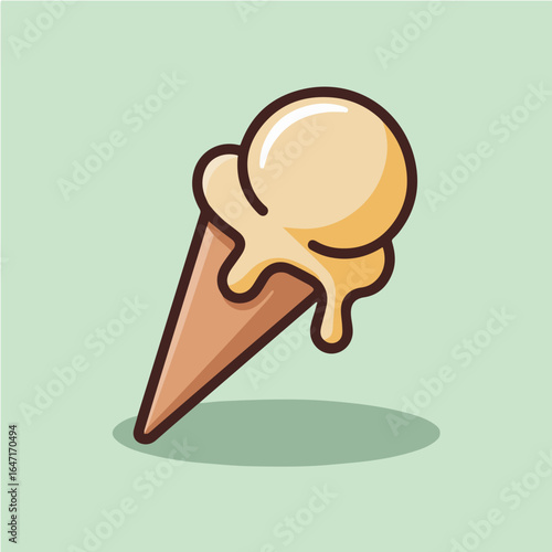 Cartoon illustration of a melting vanilla ice cream cone on a light green background design art