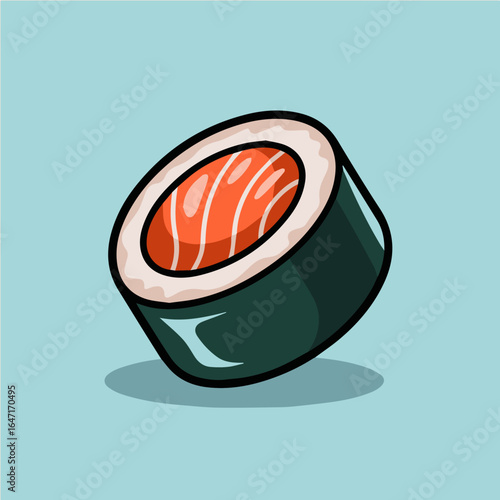 Isolated cartoon sushi roll with salmon filling and nori wrap on a light blue background