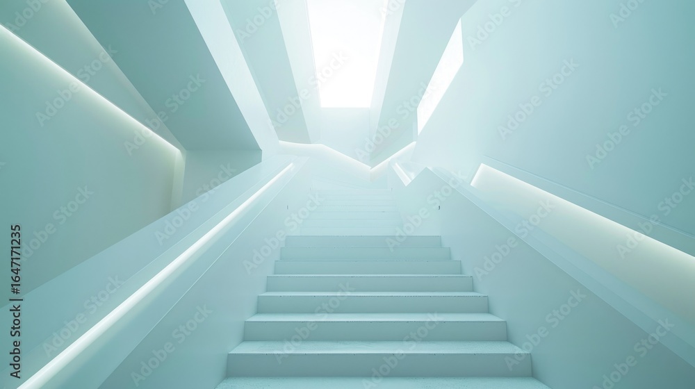Obraz premium White background, upward staircase, layering, wide angle lens, balanced symmetrical composition, natural light, soft tones