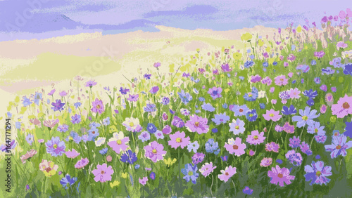 Blended Field field of many kinds of flowers isolated watercolor vector illustration svg