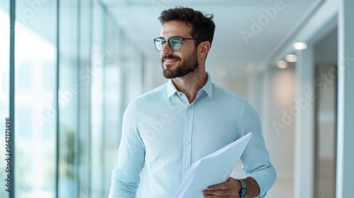A confident man in a light blue shirt holds documents while walking through a modern office corridor, exuding professionalism and approachability.