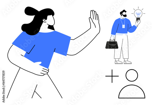 Woman expressing refusal with a hand gesture toward a man offering a lightbulb, symbolizing new ideas. Ideal for decision-making, rejection, innovation, teamwork, leadership, negotiation