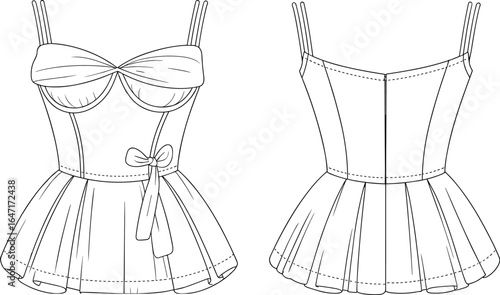Stylish women's bow bustier top with pleated hem, double straps, front and back views, fashion flat sketch vector illustration