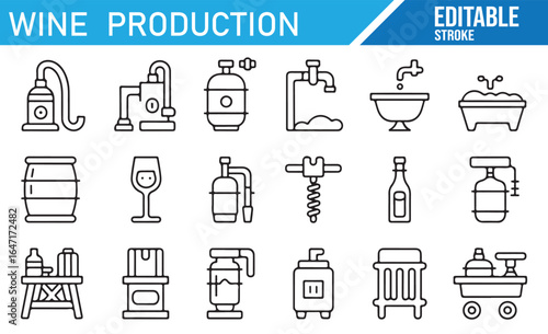 Wine Production Process Flow: Equipment and Tools for Winemaking, Including Pumps, Barrels, Bottles, Corks, and More.