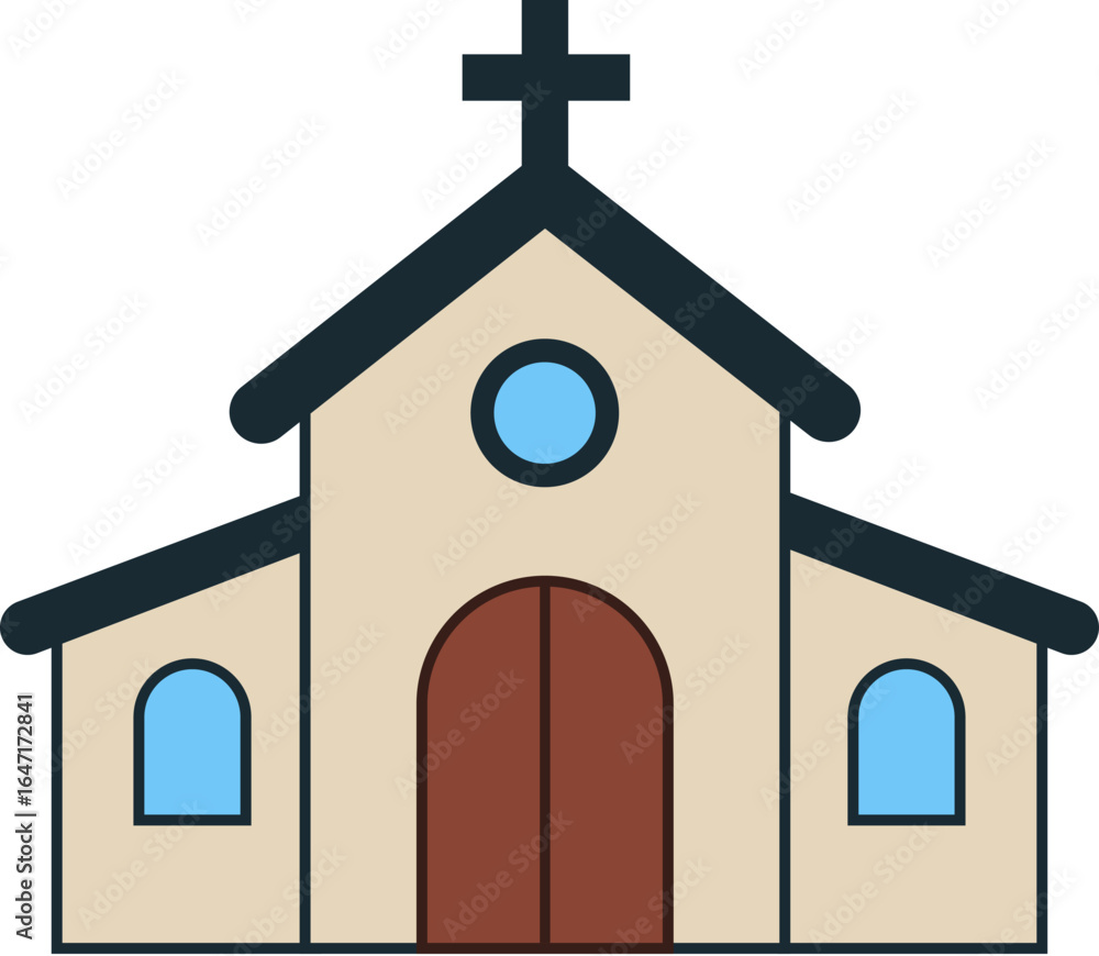 Simple Cartoon Church Icon: Beige Building, Brown Doors, Blue Windows, Cross Spire Simple Cartoon Church Icon: Beige Building, Brown Doors, Blue Windows, Cross Spire