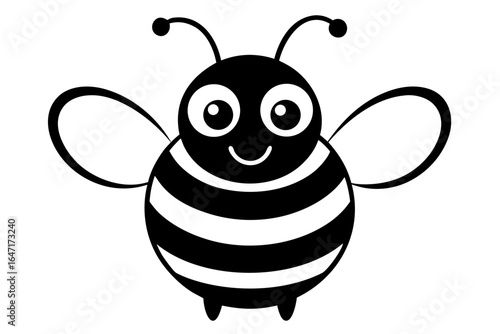 A funny, cute, yellow and black bee cartoon character with wings is flying happily, a sweet insect illustration