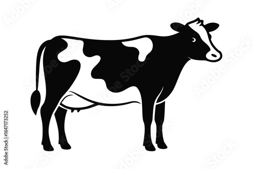 A cute, isolated black and white cow silhouette vector illustration for farm and dairy agriculture