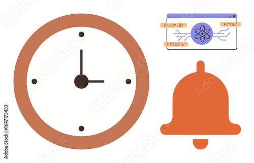 Clock displaying time, bell icon, and browser tab with atom symbol. Ideal for time tracking, notifications, productivity, reminders, scheduling, learning simple flat metaphor