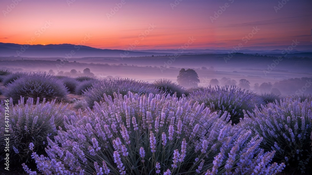 Obraz premium Scenic landscape of a vast lavender field in bloom, covered in morning mist during a beautiful sunrise with a colorful sky.