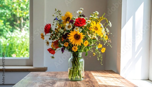 Vibrant Floral Bouquet in Glass Vase on Wooden Table, Natural Light