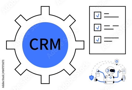 Gear with CRM text, checklist with ticked items, automation robot managing tasks. Ideal for customer management, workflow optimization, task automation, productivity, AI integration, business tools