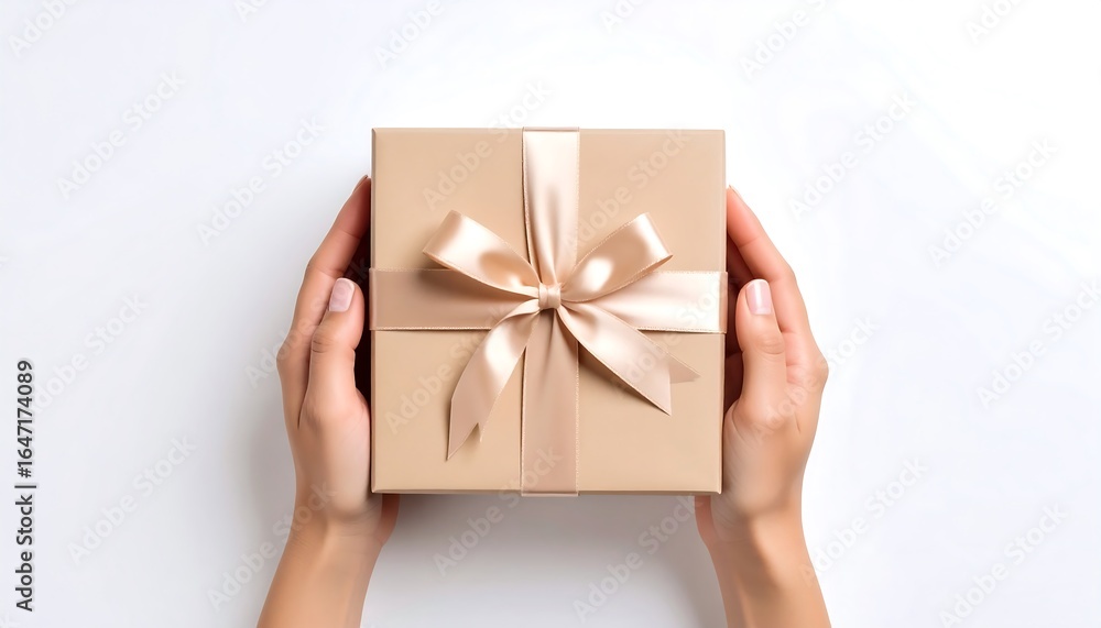 Elegant presentation: Hands delicately holding a sophisticated gift with satin ribbon Elegant presentation: Hands delicately holding a sophisticated gift with satin ribbon