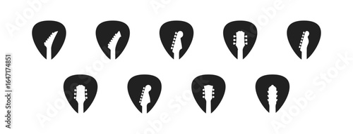 Guitar pick logo, icon set with guitar headstock. Vector EPS 10