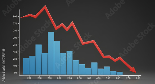 Downward Red Arrow on Blue Bar Chart in Gray Background