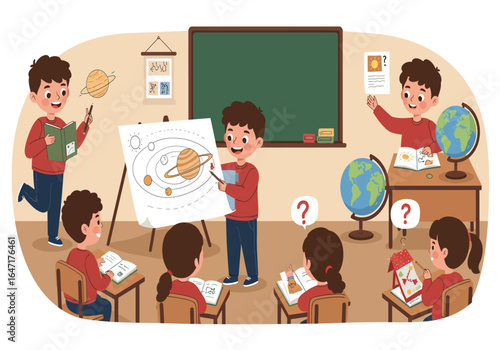 Dynamic educational illustration of a young student teaching peers about the solar system, showcasing peer learning, astronomy, and childhood curiosity in a classroom setting.