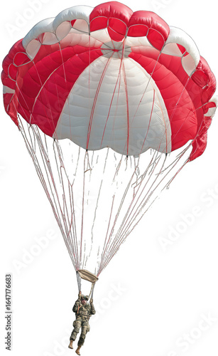 Red and white parachute in mid-deployment
