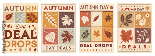 Autumn-themed promotional posters featuring colorful leaves and warm tones, perfect for fall sales.