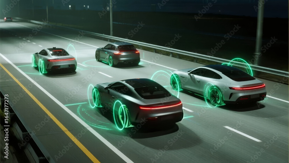 Naklejka premium Four sleek cars driving on a highway at night with illuminated outlines